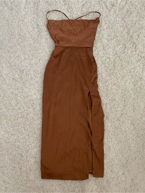 Fashion Nova Rust Brown Satin Midi Slip Dress